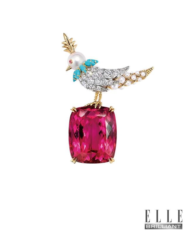 쿠션 컷 루벨라이트 위에 브릴리언트 컷 다이아몬드와 진주, 튀르쿠아즈, 핑크 사파이어로 새를 표현한 ‘쟌 슐럼버제 바이 티파니 버드 온 어 락’ 브로치는 TIFFANY&CO. 