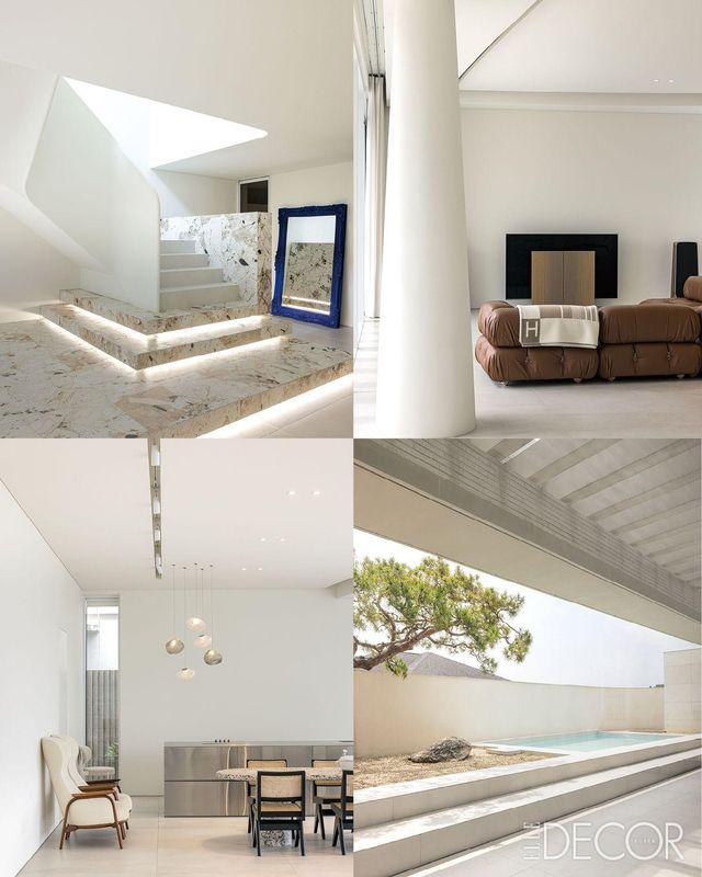(왼쪽 위부터 시계 방향으로) 화려한 패턴의 타일과 간접조명으로 오브제적 성격을 강화한 계단. 안정감을 주는 기둥과 뱅앤올룹슨 스피커, 비앤비이탈리아 카멜레온다 소파가 놓인 거실 풍경. 아이들을 위한 수영장이 있는 테라스. 소파를 등지고 바라본 거실 왼편엔 주방이 숨어 있다. 스테인리스로 만든 아일랜드 키친, 석재를 둥글게 마감해 완성한 테이블은 바이아키텍쳐에서 디자인한 것. 