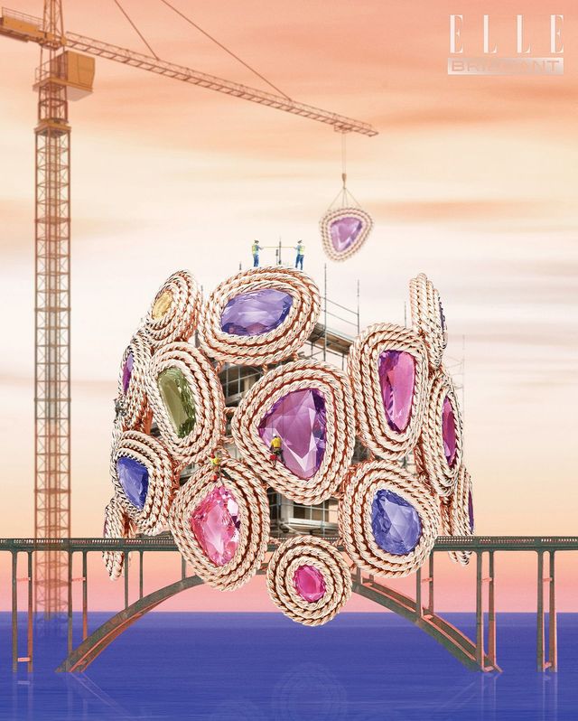 18K 로즈 골드에 블루·퍼플·핑크·옐로·그린 사파이어를 세팅한 다즐링 루프 브레이슬릿은 PIAGET.