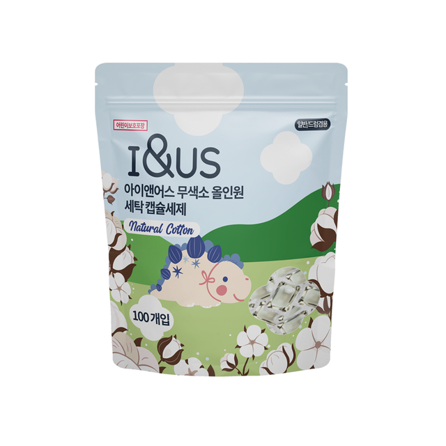 아이앤어스 무색소 올인원 캡슐 세제: 파우더리한 코튼 향, 중국 제조, 효소로 세탁력 강화한 중성 4kg용 100개입 1만9백원.