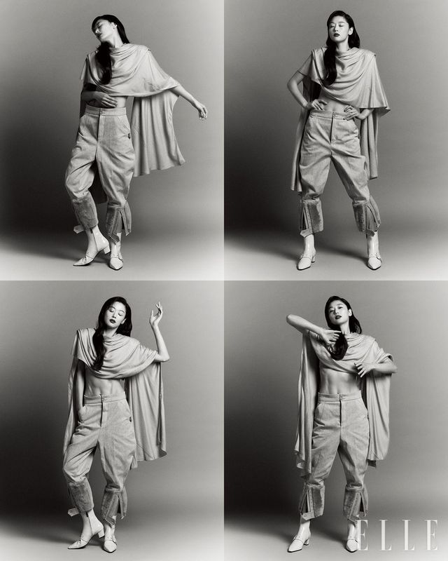 랩 스타일의 스카프 톱과 팬츠, 앵클부츠는 모두 Louis Vuitton.