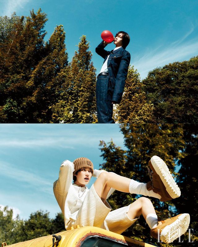 (위) 원빈이 입은 엠브로이더리 데님 블루종과 자카르 셔츠, 데님 팬츠, 모두 Louis Vuitton. (아래) 소희가 입은 퀼티드 후디드 셔츠와 쇼츠, 비니, 맥시 스니커즈는 모두 Louis Vuitton.