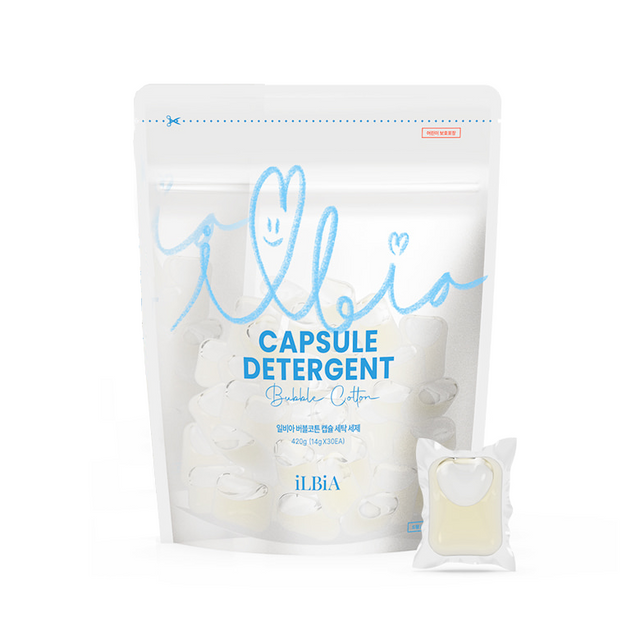  일비아 3in1 버블코튼 캡슐세제: 고농축 대량 빨래용, 탈취 기능, 파우더리 그린 우디 향, 중성, 7kg용 30개입 1만2천원. 