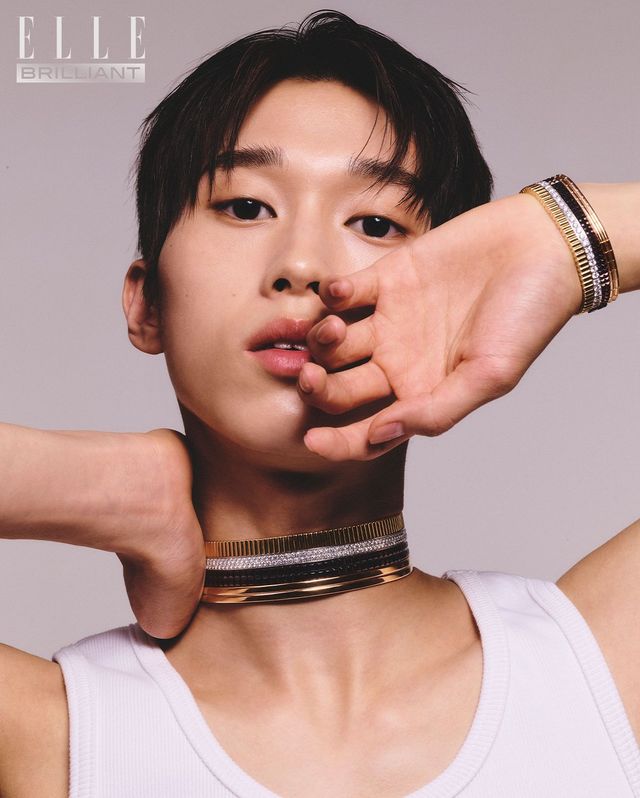 18K 옐로 골드·화이트 골드·핑크 골드·브라운 PVD 소재에 132개의 라운드 다이아몬드를 세팅한 ‘콰트로 클래식’ 네크리스, 18K 옐로 골드·화이트 골드·핑크 골드·브라운 PVD 소재에 264개의 라운드 다이아몬드를 세팅한 ‘콰트로 클래식 라지’ 초커는 모두 BOUCHERON. 화이트 슬리브리스는 JUNYA WATANABE MAN.