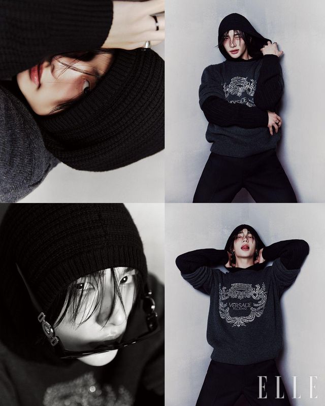 블랙 니트 후디드 톱과 크리스털 로고를 더한 캐시미어 스웨터, 팬츠, ‘비기’ 선글라스는 모두 Versace.