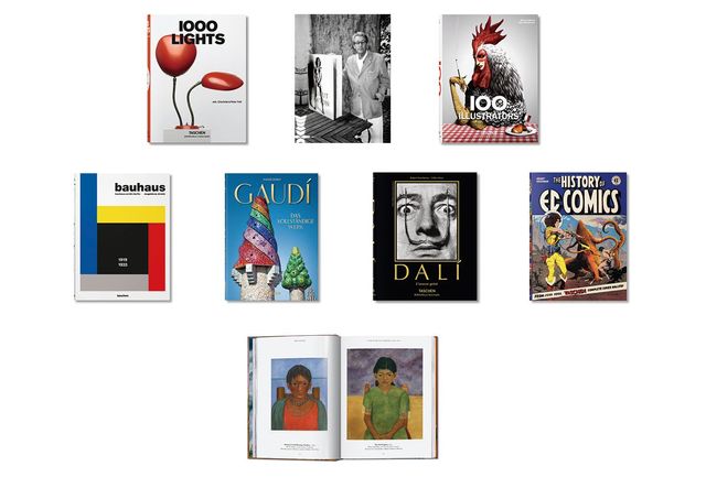  20세기 조명 디자인 1000가지 이야기를 담은 1000 Lights. 거대한 ‘SUMO’ 컬렉션의 시작인 포토그래퍼 헬무트 뉴턴과 그의 책 Helmut Newton’s SUMO. 일러스트레이터 100명을 조명한 100 Illustrators. (두 번째 줄부터) 예술디자인학교 바우하우스의 호화로운 요약집 Bauhaus. 가우디 건축세계를 함축한 Gaudi. The Complete Works. 초현실주의 거장의 정신을 녹인 Dalí. The Paintings. 타셴의 시초가 된 빌 게인스(Bill Gaines)의 The History of EC Comics. (세 번째 줄부터) 타셴의 베스트셀러 프리다 칼로의 Frida Kahlo. The Complete Paintings.