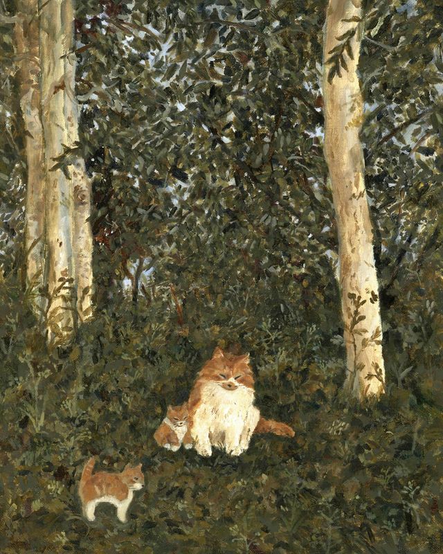 많은 사랑을 받은 숲과 고양이 일러스트레이션.