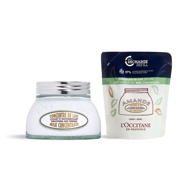 록시땅 아몬드 밀크 컨센트레이트 에코 리필 듀오 - 아몬드 밀크와 오일이 매우 건조한 피부를 보습하는 보디 크림. 록시땅은 대부분 제품에 범용 리필이 있다. 200mL 본품 1개, 리필 1개 세트 11만3천5백원.