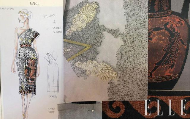 알타 모다 컬렉션을 완성하는 과정의 스케치와 패브릭 보드. 