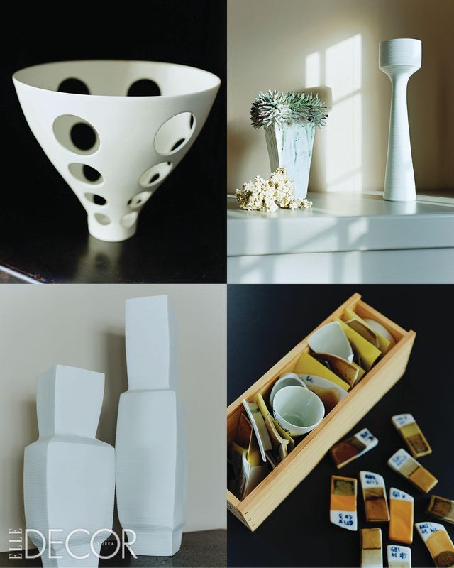 (왼쪽부터 시계 방향으로) 시엘로(Cielo)의 화병. 배리 맥대니얼(Barry McDaniel)의 목가적인 조각. 2019년 스테파니 헤링이 전시를 위해 제작한 작품 ‘엑스트라포지션(Extraposition)’. 유약 테스트를 거친 도자 크랙들.