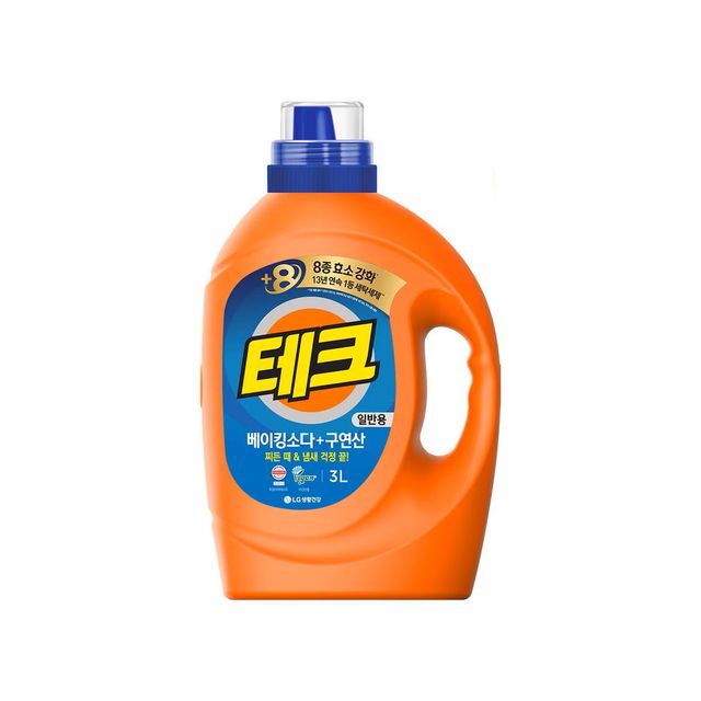테크 베이킹소다+구연산 액체세제 일반용 - 다양한 얼룩을 지우는 효소 8종을 함유해 찌든 때와 땀 냄새 등 체취까지 제거하는 비건 인증 세제. 3L 1만9백원. 