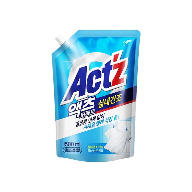 액츠 퍼펙트 실내건조 액체세제 겸용 리필 - 악취 분해 성분과 유칼립투스, 정향, 고삼, 자몽, 유자 등 상쾌한 향, 베이킹 소다와 효소 3종 함유.1.5L 3천6백원. 