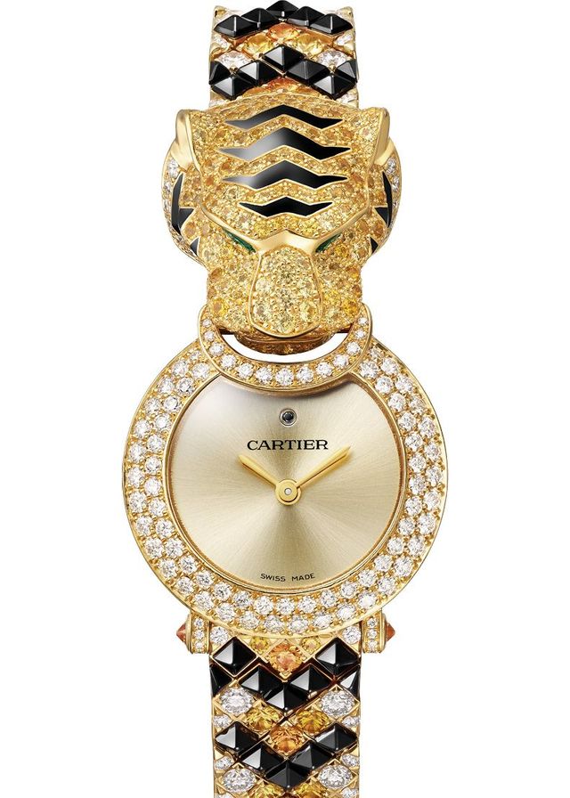  호랑이 머리와 패턴을 정교하게 표현한 옐로골드 타이거 주얼리 워치. 