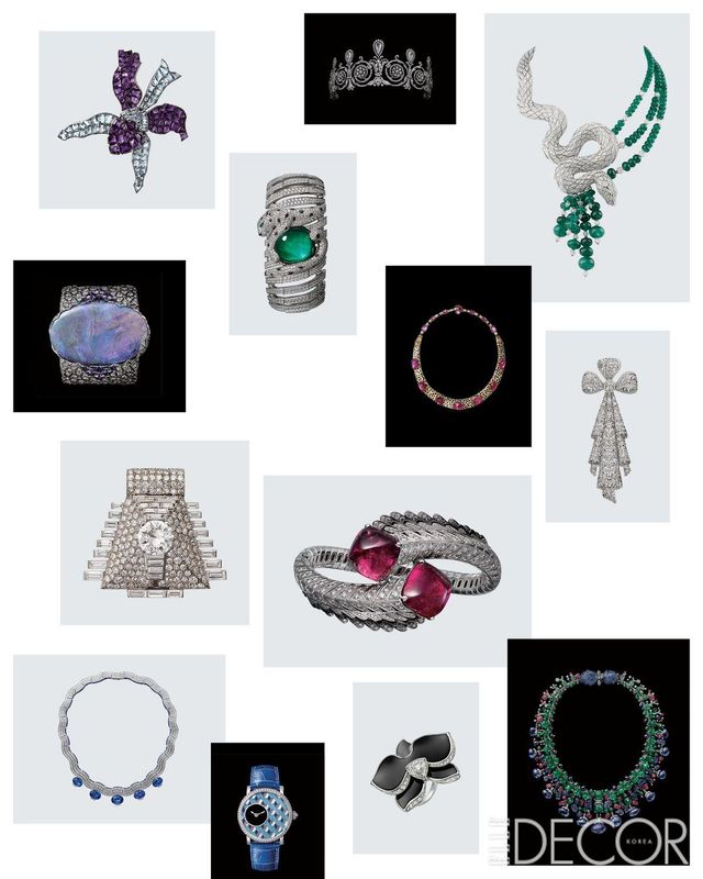 (왼쪽 위부터 시계 방향으로) 우아한 자태를 표현한 ‘오키드 브로치’(1937). 까르띠에 메종을 상징하는 팬더 디자인에 에메랄드, 오닉스 등으로 완성한 브레이슬릿(2014). 플래티넘과 전체 약 17캐럿의 페어형 다이아몬드 7개가 섬세하게 표현된 티아라(1905). 에메랄드와 다이아몬드로 구성해 미끄러지듯 움직이는 뱀 모양의 네크리스(2009), 개인 소장품. 옐로골드와 오벌형 스타 루비 14개가 컬러 대비를 이루는 네크리스(1935). 패션 디테일에서 모티프를 얻은 ‘레이스 리본 브로치’(1906). 원뿔형 카보숑 컷 루벨라이트 2개가 감싸고 있는 브레이슬릿(2016). 플래티넘과 화이트골드, 사파이어, 에메랄드, 루비, 다이아몬드로 풍부한 색상 조합이 돋보이는 ‘힌두 네크리스’(1936, 1963년에 리폼). 화이트 골드와 오닉스, 다이아몬드로 디자인한 링(2009). 모자이크 무늬가 독특한 ‘로통드 드 까르띠에 워치’(2017). 사파이어 5개가 영롱하게 빛나는 네크리스(2020). 고대 이집트에서 영감을 받은 ‘피라미드 클립 브로치’(1935). 오팔, 퍼플 사파이어, 블루 사파이어 등 단순하지만 본질에 집중한 브레이슬릿(2015).