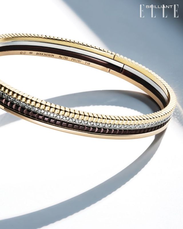 옐로·로즈·화이트 골드와 브라운 PVD, 다이아몬드 밴드를 레이어드한 ‘콰트로 클래식 스몰’ 뱅글은 2천만원대 BOUCHERON. 