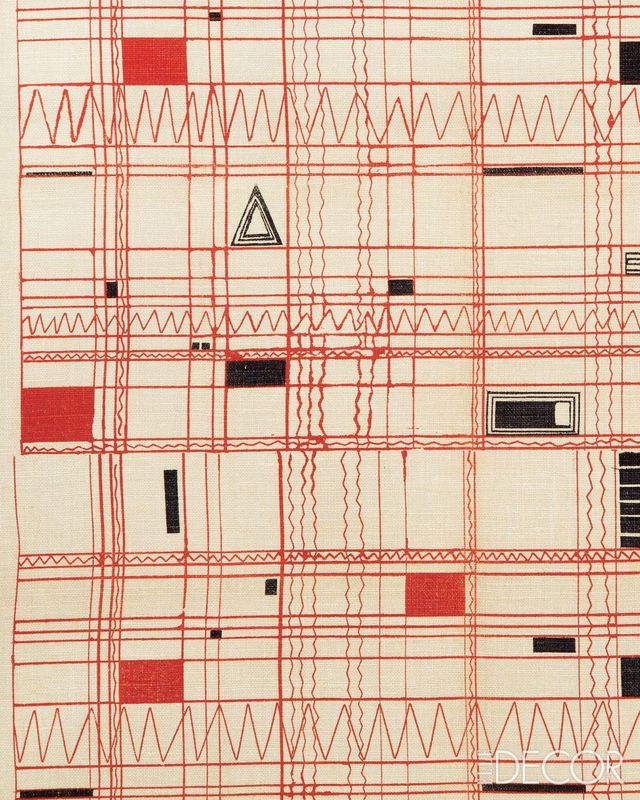 Ruth Adler Schnee, Construction, 1950, Screen-Printed Bleached Linen in Black and Terracotta, Collection Cranbrook Art Museum. 