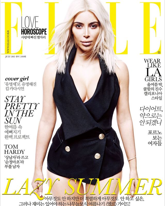  킴 카다시언의 관능적인 몸매를 꾸밈없이 드러낸 2015년 7월호 〈엘르〉 코리아 커버.