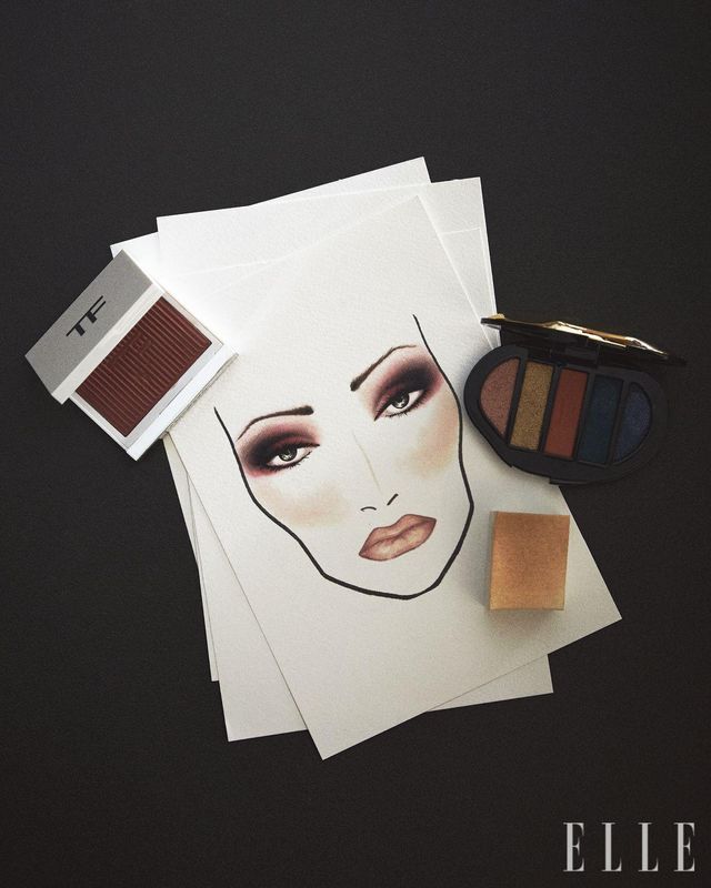 페이스 차트와 함께 놓인 제품은 쏠레이 네쥐 크림 블러시, 01 알파인 블러시, 12만원대, Tom Ford Beauty. 아이섀도우 5컬러, 오션 헤이즈, 11만2천원, Byredo. 라텍스 스퀘어 메이크업 스펀지, 6ea 1만3천원, Piccasso. 