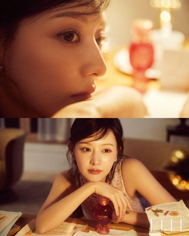 ‘충만한 사랑’이라는 메시지를 후각으로 전하는 불가리 알레그라 피오리 다모레 오 드 퍼퓸, 50ml 24만4천원, 로마 건축의 석조 기둥에서 영감을 받은 품격 있는 디자인에 도기 안쪽을 24캐럿 골드로 칠해 우아함을 더했다. 촛불의 아름다움이 골드 미러에 반사돼 보석처럼 일렁이며 공간을 사랑의 아우라로 채워주는 불가리 알레그라 피오리 다모레 캔들, 25만5천원, 모두 Bvlgari. 드레스는 Sea New York. 이어링과 링은 모두 Bvlgari.