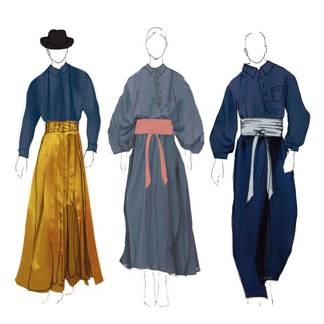 등장인물들의 의상 스케치. 왼쪽부터 알마비바 백작, 수잔나, 피가로의 의상이다.