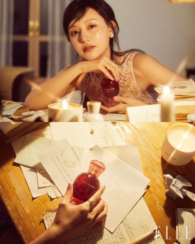 ‘충만한 사랑’이라는 메시지를 후각으로 전하는 불가리 알레그라 피오리 다모레 오 드 퍼퓸, 50ml 24만4천원, 로마 건축의 석조 기둥에서 영감을 받은 품격 있는 디자인에 도기 안쪽을 24캐럿 골드로 칠해 우아함을 더했다. 촛불의 아름다움이 골드 미러에 반사돼 보석처럼 일렁이며 공간을 사랑의 아우라로 채워주는 불가리 알레그라 피오리 다모레 캔들, 25만5천원, 모두 Bvlgari. 드레스는 Sea New York. 이어링과 링은 모두 Bvlgari.