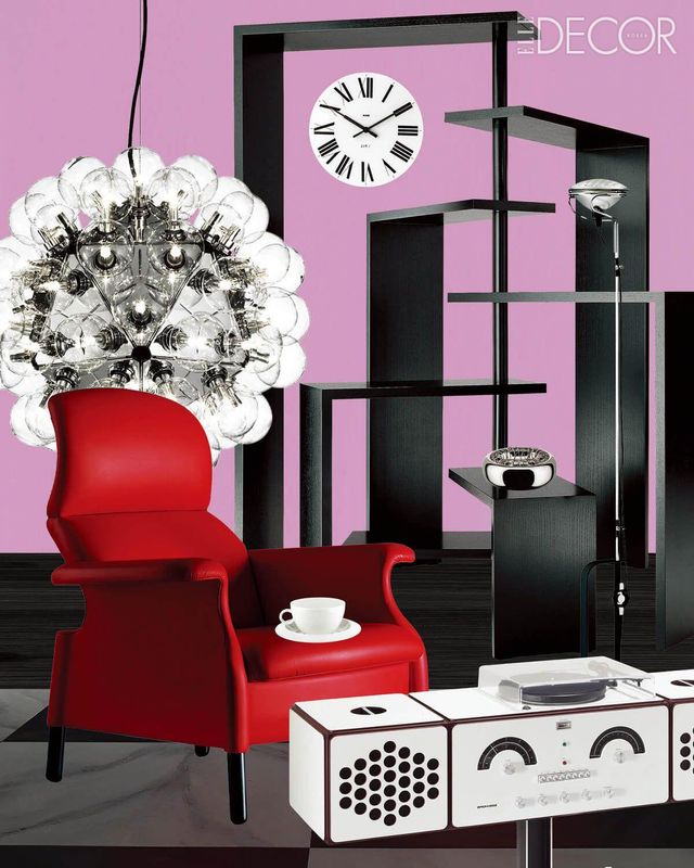 (왼쪽 위부터 시계 방향으로) 민들레 씨처럼 피어난 샹들리에는 플로스의 ‘Taraxacum 88’. 반복된 L 모양의 선반으로 이뤄진 회전식 선반은 자노타의 ‘Joy’. 큰 로마 숫자가 특징인 벽시계는 알레시의 ‘Firenze’. 간접 조명으로 높이 조절이 가능한 플로어 조명은 플로스의 ‘Toio’. 볼 안쪽에 있는 스파이럴에 담배를 꽂을 수 있는 재떨이는 알레시의 ‘Spirale’. 데이비드 보위가 사랑한 오디오는 브리온베가의 ‘Radiofonografo’. 아래쪽으로 경사가 있는 테두리 디자인이 매력적인 컵과 소서는 알레시의 ‘Bavero’. 필요한 곡선만 담아 인체공학적으로 설계한 암체어는 폴트로나 프라우의 ‘Sanluca’.