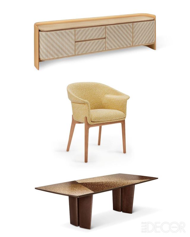 (위부터) 돛처럼 감싸는 가죽 커버가 특징인 ‘레가타’ 사이드보드, 황금빛 패드록 디테일을 더한 지퍼 등받이가 인상적인 ‘퍼펙토(Perfecto)’ 암체어, 퍼즐 조각처럼 장인의 손길로 하나하나 완성한 ‘퍼즐(Puzzle)’ 테이블. 