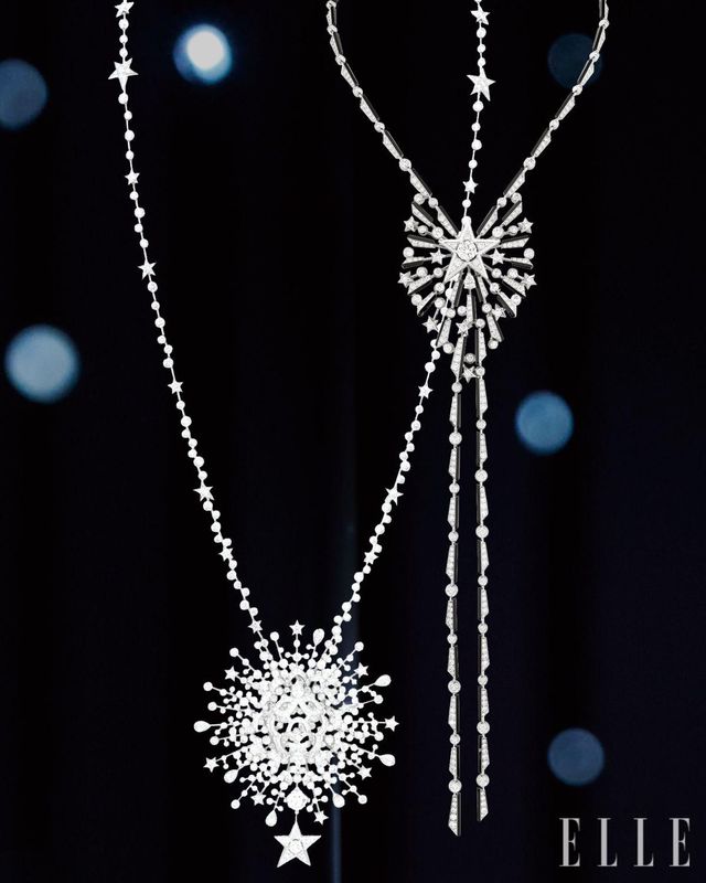 (왼쪽) 화이트골드에 다이아몬드를 세팅한 사자 모티프의 스트롱 애즈 어 라이언 네크리스. (오른쪽) 화이트골드에 다이아몬드와 오닉스를 세팅한 블레이징 스타 네크리스.