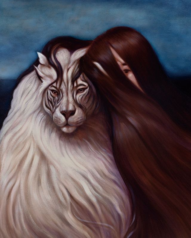 제이디 차, ‘유령과 안내자(The Ghost and Her Guide)’, 2023, 캔버스에 유채, 100x80cm. 