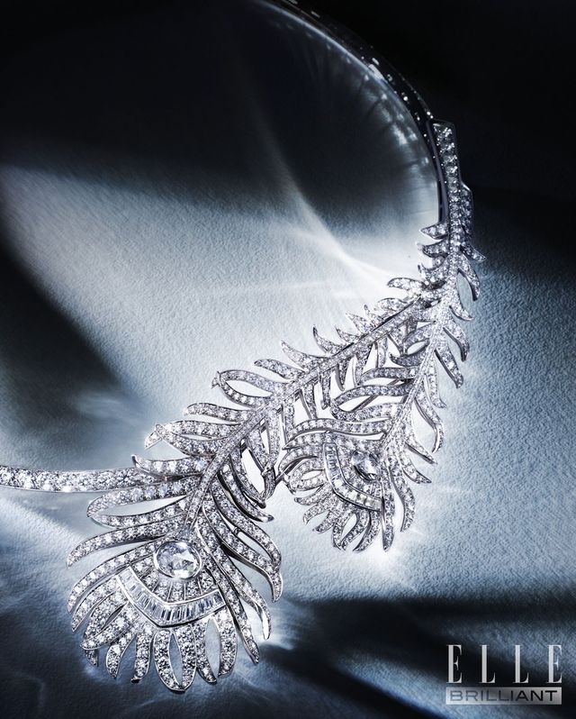 화이트 골드에 0.78캐럿 로즈 컷 다이아몬드 1개, 0.33캐럿 로즈 컷 다이아몬드 1개, 16.62캐럿 다이아몬드 813개, 0.84캐럿 바게트 컷 다이아몬드 22개, 0.12캐럿 삼각 다이아몬드 2개를 세팅한 ‘플륌 드 펑’ 네크리스는 가격 미정 BOUCHERON. 