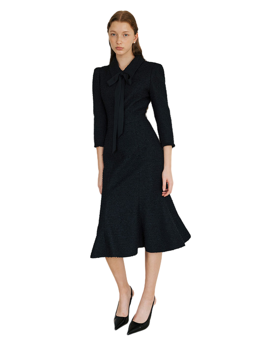 BETHANY Stand collar mermaid tweed long dress