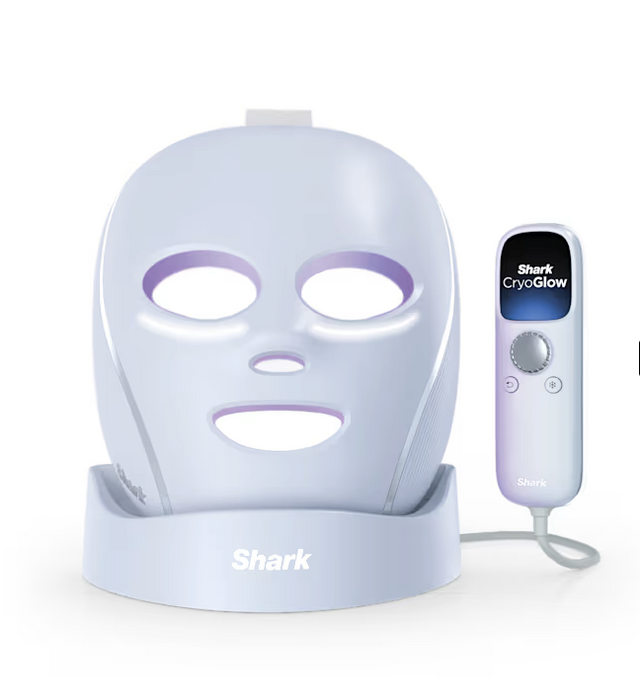 적색과 청색 LED 라이트 테라피와 크라이오(Cryo) 기술 기반의 냉각 기능을 제공하며, 눈가 쿨링 기능을 결합한 크라이오글로우 LED 페이스 마스크, Shark.