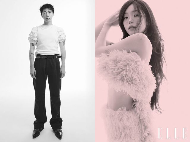 기리보이의 티셔츠는 Homeless, 팬츠와 벨트는 모두 Recto, 슈즈는 Christian Louboutin, 링은 모두 Acne Studios, 티셔츠에 레이어드 한 슬리브리스는 스타일리스트 소장품. 헤이즈가 착용한 팬츠는 Ych, 톱으로 연출한 머플러는 스타일리스트 소장품.