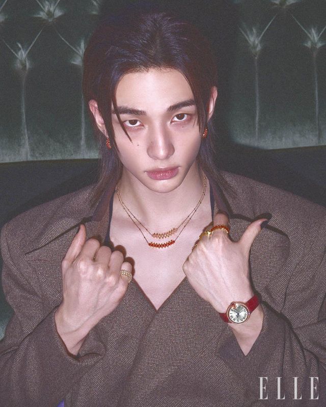 핑크골드에 레드 아게이트를 세팅한 클래쉬 드 까르띠에 이어링과 네크리스, 검지에 착용한 링, 핑크골드에 핑크 칼세도니를 세팅한 클래쉬 드 까르띠에 네크리스, 왼손 중지에 착용한 핑크골드 클래쉬 드 까르띠에 링, 약지에 착용한 핑크골드에 브릴리언트 컷 다이아몬드를 파베 세팅한 클래쉬 드 까르띠에 미디엄 링, 브릴리언트 컷 다이아몬드를 세팅한 베젤과 버건디 앨리게이터 레더 스트랩이 돋보이는 발롱 블루 드 까르띠에 워치, 오른손 소지에 착용한 핑크골드에 브릴리언트 컷 다이아몬드를 파베 세팅한 클래쉬 드 까르띠에 더블 로우 링은 모두 Cartier. 재킷은 Bonbom. 