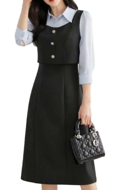 즈온 셔츠 배색 레이어드 원피스