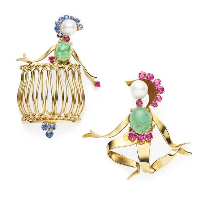 로미오와 줄리엣(Romeo and Juliet) 브로치, 1951년, 옐로 골드·에메랄드·루비·사파이어·컬처드 펄, 반클리프 아펠(Van Cleef amp; Arpels) 컬렉션