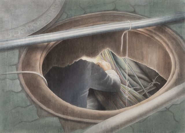 양유연, 〈맨홀〉, 2022, 장지에 아크릴릭, 150x210cm.