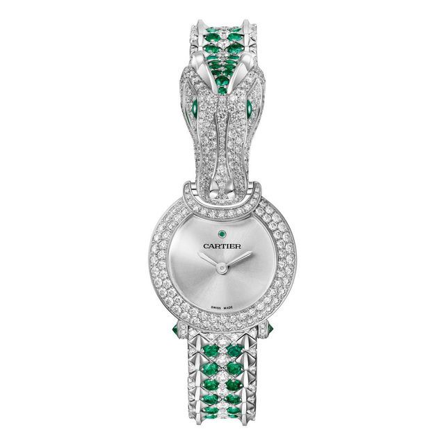 에메랄드와 브릴리언트 컷 다이아몬드가 조화로운 크로커다일 주얼리 워치.