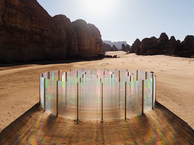 〈To BreatheㅡAlUla〉, 2024, Site-specific installation consisting of diffraction grating film, Installation view at Desert X, AlUla. Courtesy of The Royal Commission for AlUla and Studio Kimsooja. Photo by Lance Gerber