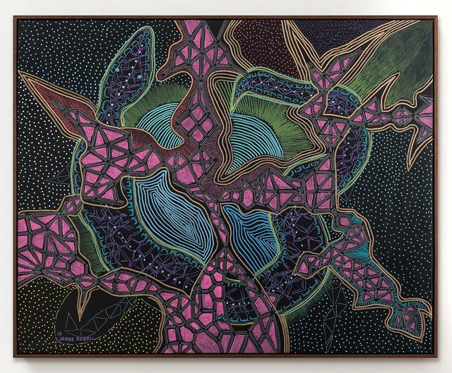 Jaider Esbell, 〈O Olho D’água E A Guardiã〉, 2019, Acrylic on canvas, 74.9x90.2cm. © Jaider Esbell, Courtesy of Galeria Jaider Esbell de Arte Indigena Contemporãnea and Gladstone.