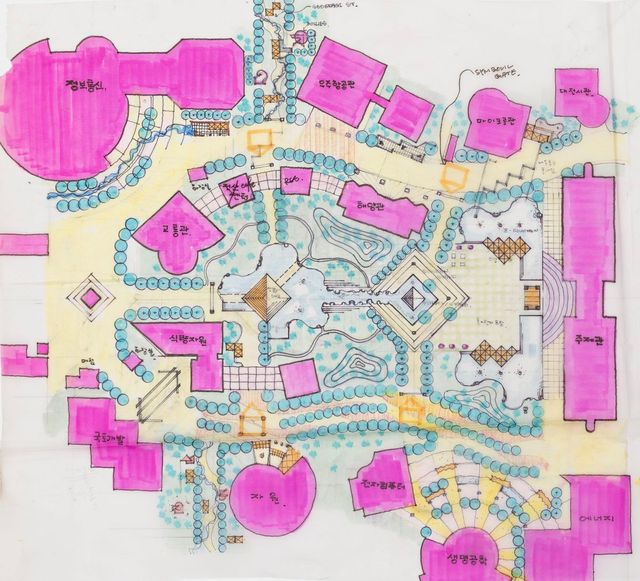 대전 엑스포 93 박람회장 스케치, 1991년경, 트레이싱지에 유성펜, 31 x 24 cm.