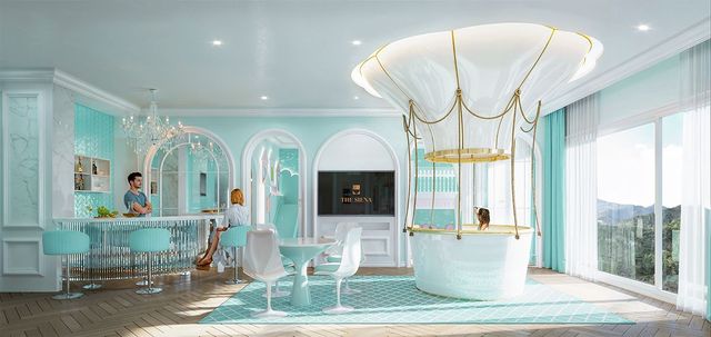 파스텔 블루 컬러로 꾸며진 초호화 키즈 펜트하우스 티파니 객실. 