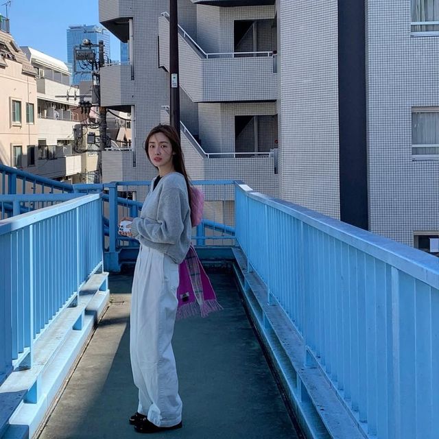 가을철 필수템 그레이 컬러의 브이넥 니트를 입은 차정원 @ch_amii