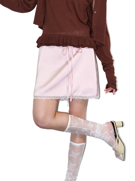 String Belt satin mini skirt Lace Pink