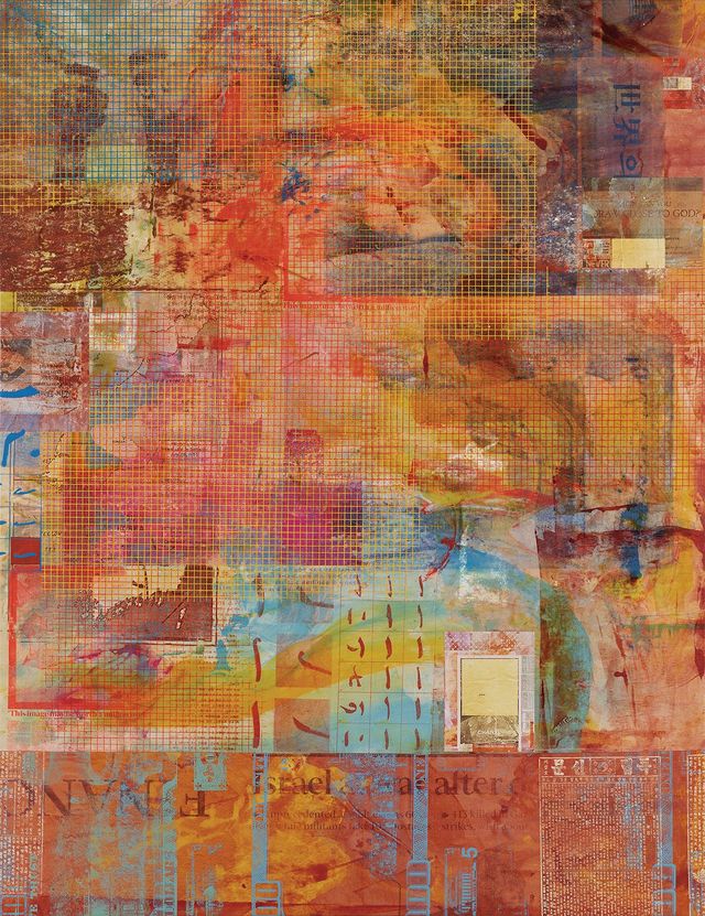 Mandy El-Sayegh, 〈세계의 명화(정본)〉, 2026, Oil and acrylic on canvas with collaged and silkscreened elements, 212x164x4.5cm.