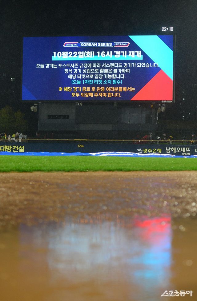 21일 열린 삼성-KIA의 KS 1차전은 6회초 강한 비로 서스펜디드 게임이 선언됐다. 이를 알리는 내용이 게시된 광주-기아챔피언스필드 전광판. 광주｜주현희 기자 teth1147@donga.com