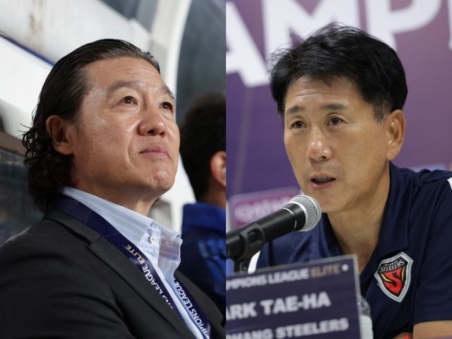 ACLE 무대에서 좀처럼 힘을 쓰지 못하고 있는 울산과 포항이 27일 포항스틸야드에서 열릴 K리그1 35라운드에서 격돌한다. 김판곤 울산 감독(왼쪽)과 박태하 포항 감독의 근심도 깊다. 사진제공｜한국프로축구연맹