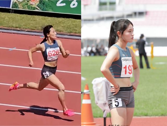 소래고 육상선수 노한결이 여고부 준결승에서 힘차게 질주하고 있다.(왼쪽) 오른쪽은 스타트 준비를 하는 노한결.사진 출처 : 네이버 블로그 SPORTSpark
