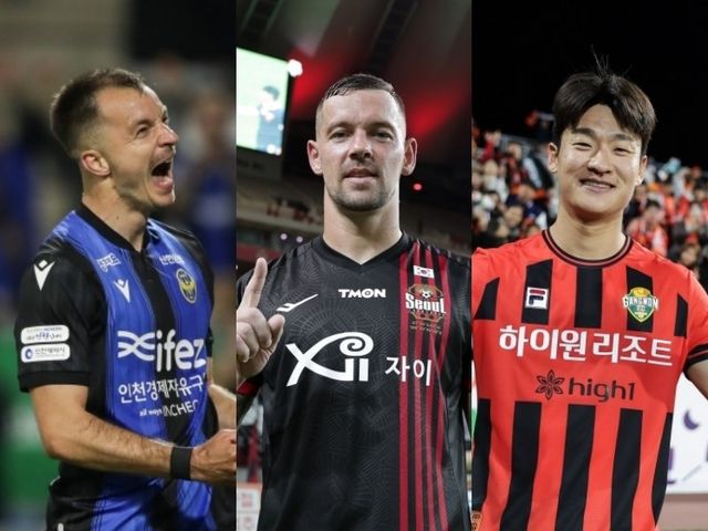 인천 무고사, 서울 일류첸코, 강원 이상헌(왼쪽부터)은 올 시즌 K리그1 득점왕 경쟁을 펼치고 있다. 만약 외국인선수가 득점왕이 되면 2020년 주니오 이후 4년 만이다. 사진제공｜한국프로축구연맹