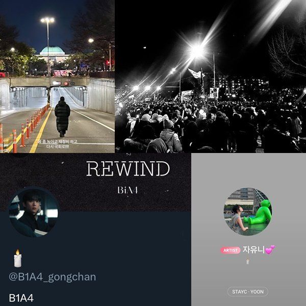 배우 이엘, 남윤수는 7일 촛불집회 참석 인증샷을 SNS에 올렸고, 스테이시 윤과 B1A4 공찬(사진 위부터 시계방향으로)은 팬 소통 플랫폼과 SNS 등에 촛불 모양의 이모티콘을 붙였다. 사진제공|각 스타 SNS 캡처